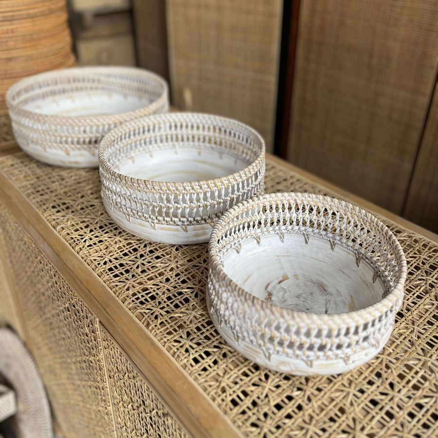 Mangkuk rotan kombinasi kayu/ white wash/ anyaman jaling/ set of 3