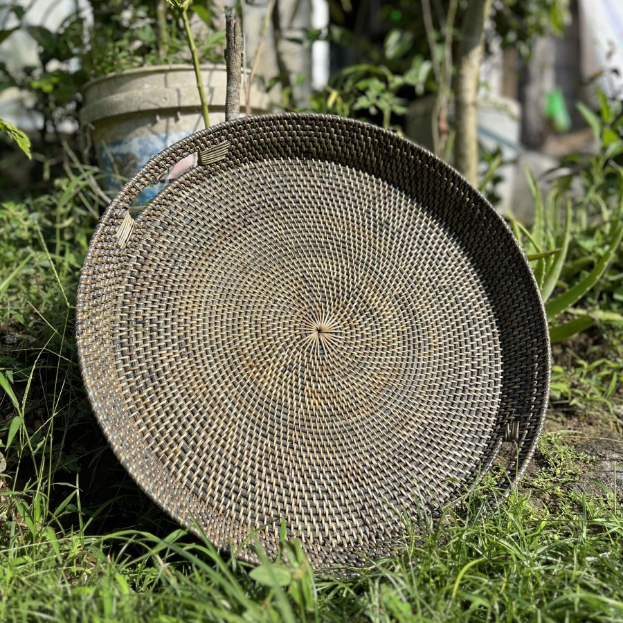 Tray Bundar Rotan/Warna Black wash/Anyaman Rotan