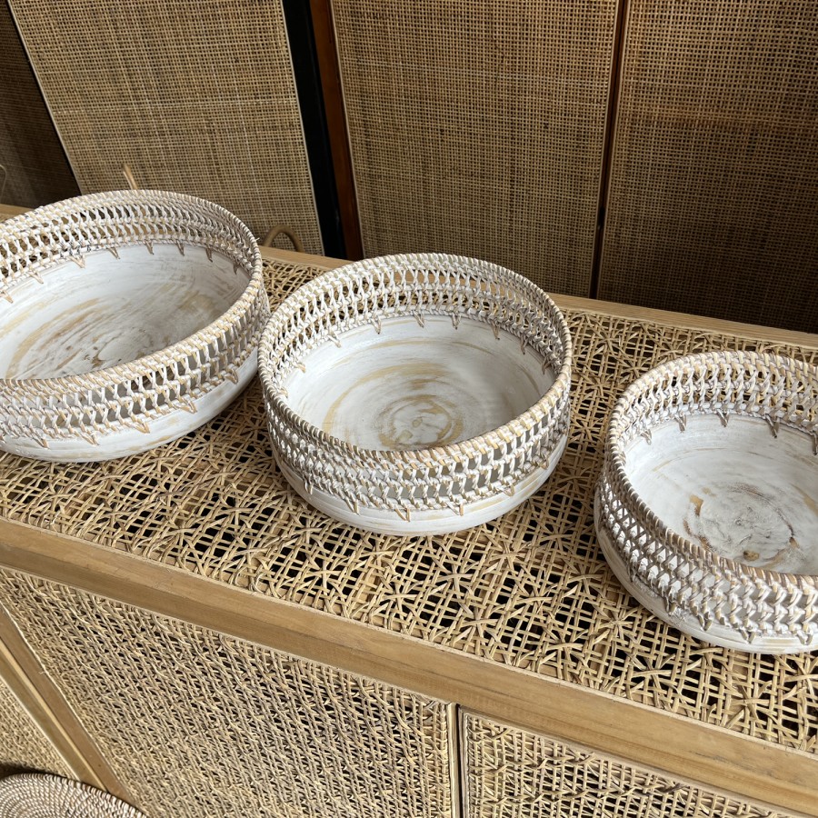Mangkuk rotan kombinasi kayu/ white wash/ anyaman jaling/ set of 3