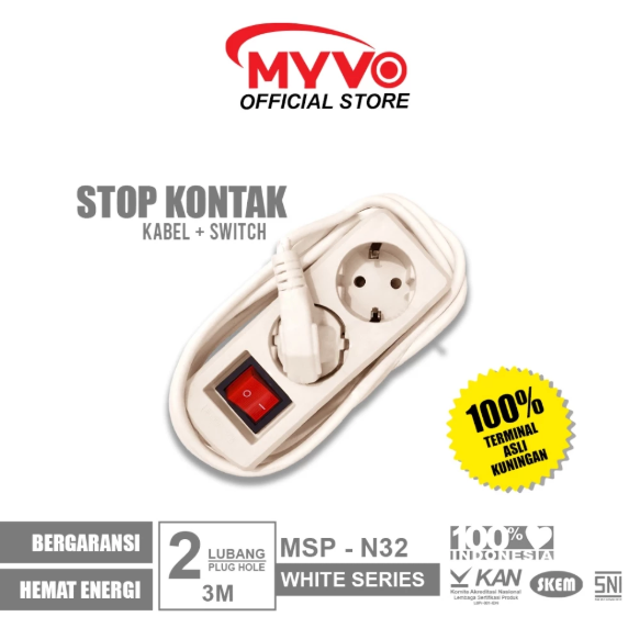 MYVO Stop Kontak 2 Lubang 3 Meter MSP-N32 Putih Kuningan