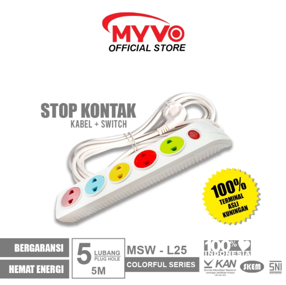 MYVO Stop Kontak 5 Lubang 5 Meter MSW-L25 Warna Kuningan