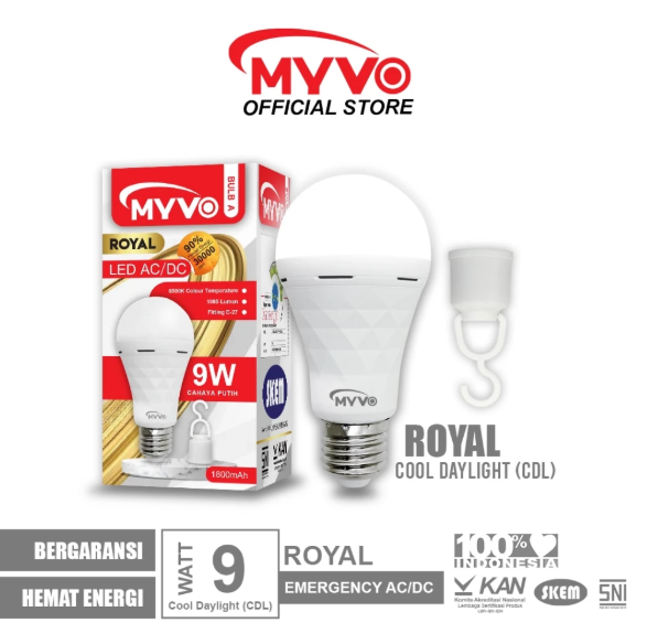 MYVO Lampu LED Royal 9 Watt Emergency AC/DC Bohlam Cahaya Putih