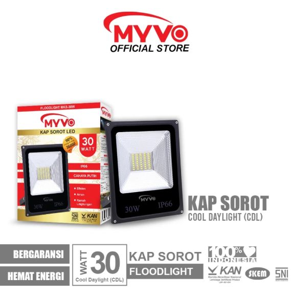 MYVO Lampu LED Kap Sorot 30 Watt IP66 Floodlight Cahaya Putih