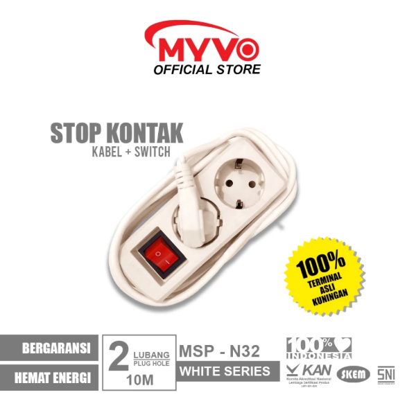 MYVO Stop Kontak 2 Lubang 10 Meter MSP-N32 Putih Kuningan