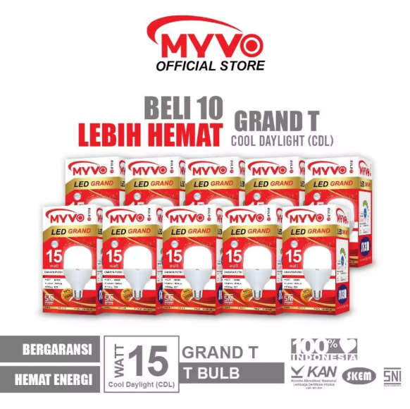 [PAKET BUNDLING 10 PCS] MYVO Lampu LED Grand T 15 Watt Bohlam Cahaya Putih