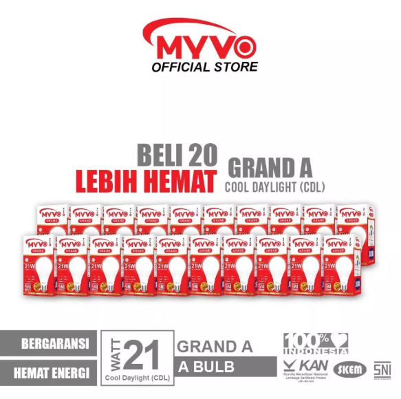 [PAKET BUNDLING 20 PCS] MYVO Lampu LED Grand A 21 Watt Bohlam Cahaya Putih