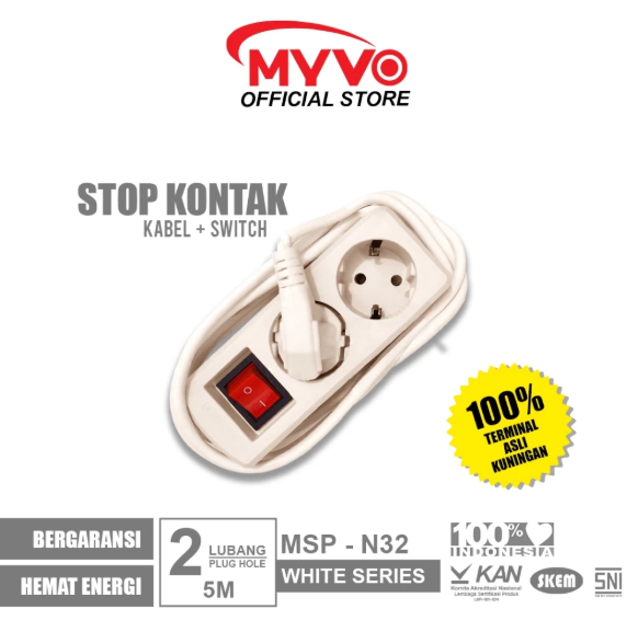 MYVO Stop Kontak 2 Lubang 5 Meter MSP-N32 Putih Kuningan