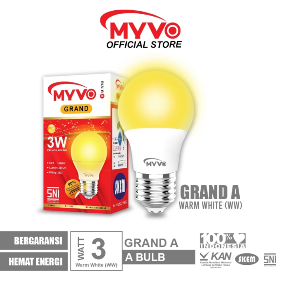 MYVO Lampu LED Grand A 3 Watt Bohlam Cahaya Kuning