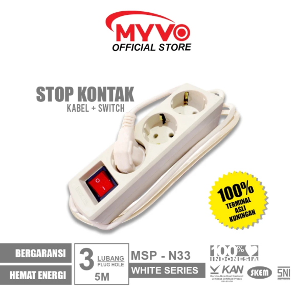 MYVO Stop Kontak 3 Lubang 5 Meter MSP-N33 Putih Kuningan