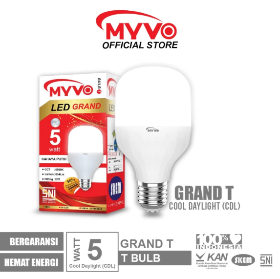 MYVO Lampu LED Grand T 5 Watt Bohlam Cahaya Putih