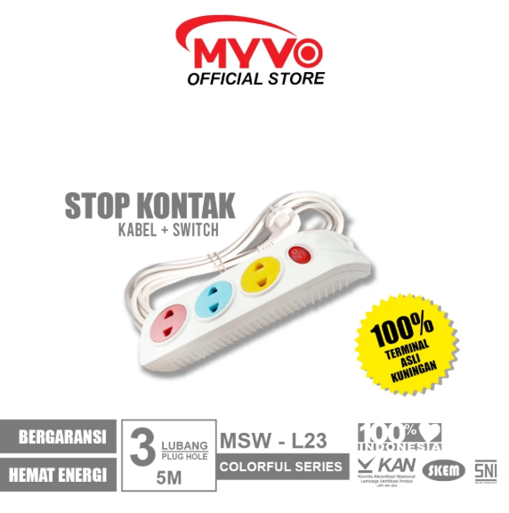 MYVO Stop Kontak 3 Lubang 5 Meter MSW-L23 Warna Kuningan
