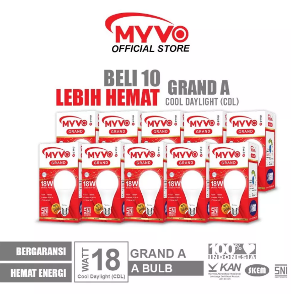 [PAKET BUNDLING 10 PCS] MYVO Lampu LED Grand A 18 Watt Bohlam Cahaya Putih