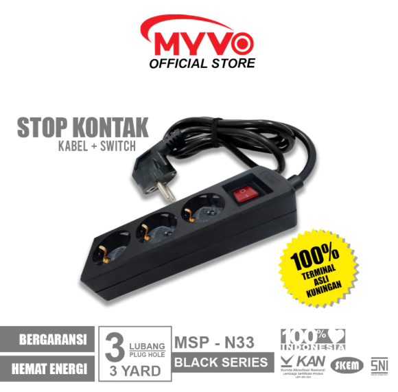 MYVO Stop Kontak 3 Lubang 3 Yard MSP-N33 Hitam Asli Kuningan