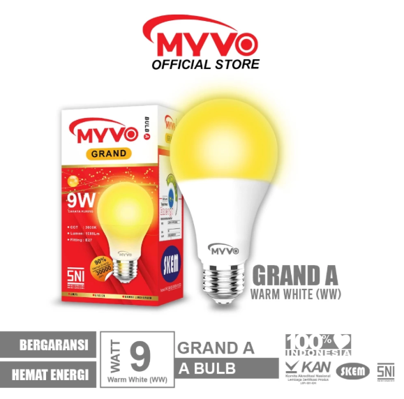 MYVO Lampu LED Grand A 9 Watt Bohlam Cahaya Kuning