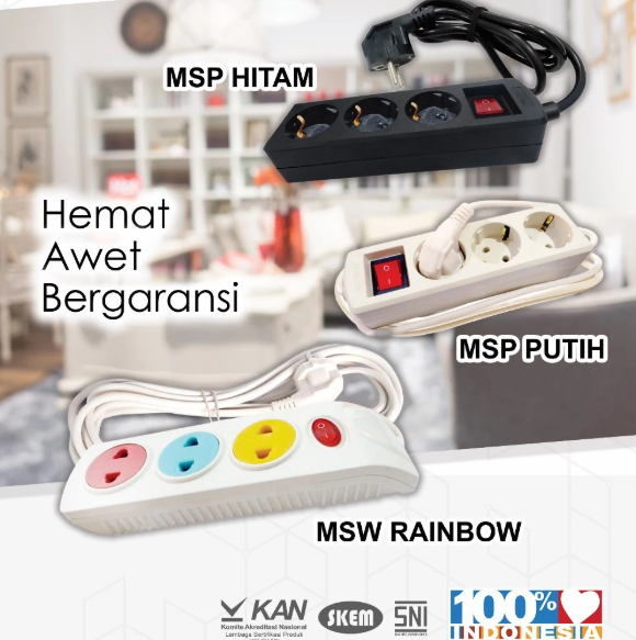 MYVO Stop Kontak 3 Lubang 3 Yard MSP-N33 Hitam Asli Kuningan