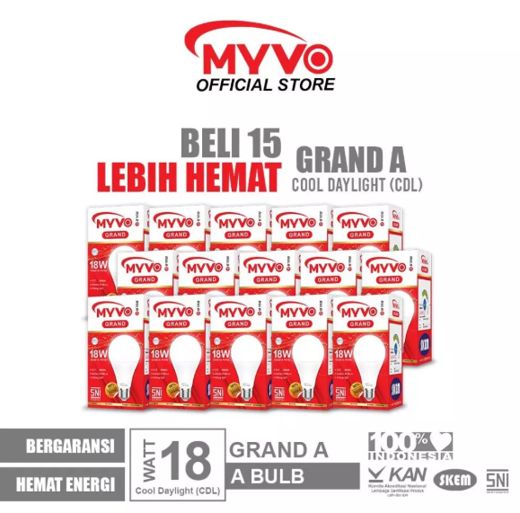 [PAKET BUNDLING 15 PCS] MYVO Lampu LED Grand A 18 Watt Bohlam Cahaya Putih