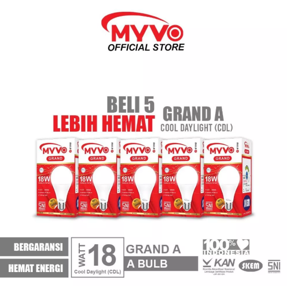 [PAKET BUNDLING 5 PCS] MYVO Lampu LED Grand A 18 Watt Bohlam Cahaya Putih