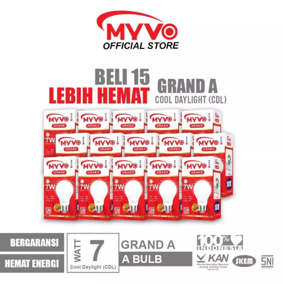 [PAKET BUNDLING 15 PCS] MYVO Lampu LED Grand A 7 Watt Bohlam Cahaya Putih