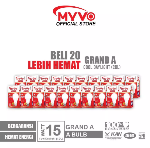 [PAKET BUNDLING 20 PCS] MYVO Lampu LED Grand A 15 Watt Bohlam Cahaya Putih