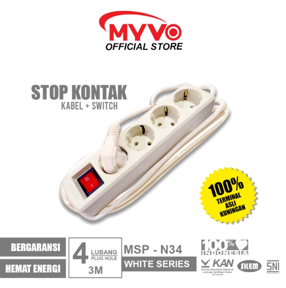 MYVO Stop Kontak 4 Lubang 3 Meter MSP-N34 Putih Kuningan
