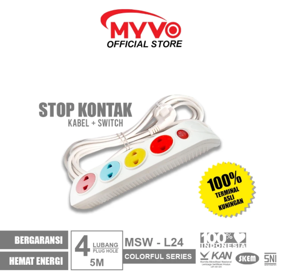 MYVO Stop Kontak 4 Lubang 5 Meter MSW-L24 Warna Kuningan