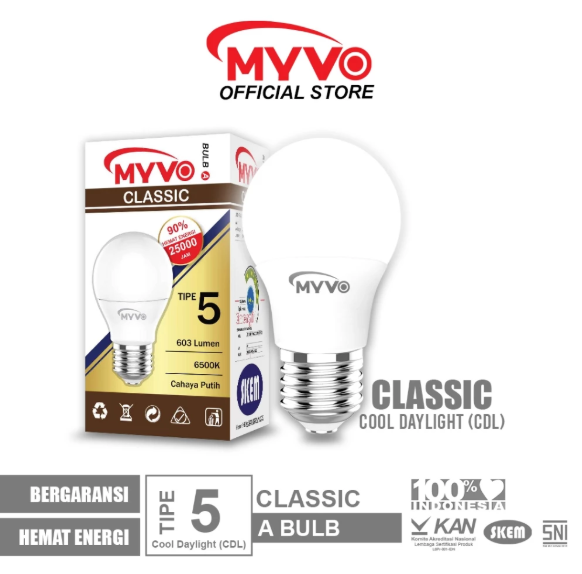 MYVO Lampu LED Classic Tipe 5 A Bulb Bohlam Cahaya Putih