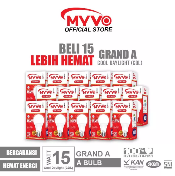 [PAKET BUNDLING 15 PCS] MYVO Lampu LED Grand A 15 Watt Bohlam Cahaya Putih