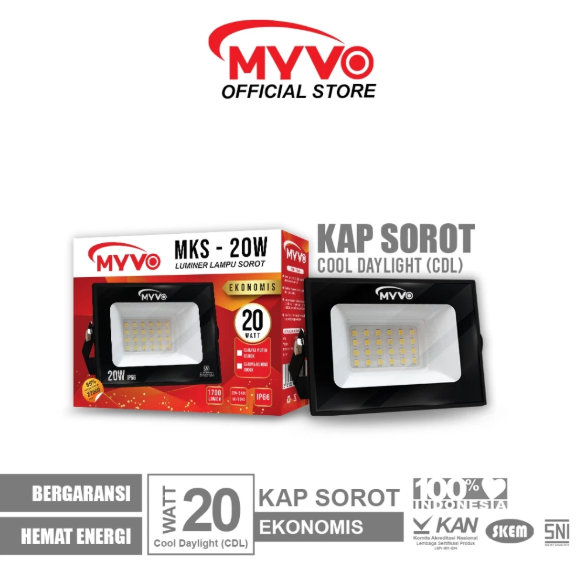 MYVO Lampu LED Kap Sorot Slim 20 Watt Ekonomis IP66 Cahaya Putih