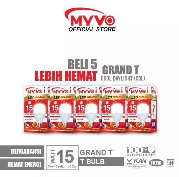 [PAKET BUNDLING 5 PCS] MYVO Lampu LED Grand T 15 Watt Bohlam Cahaya Putih
