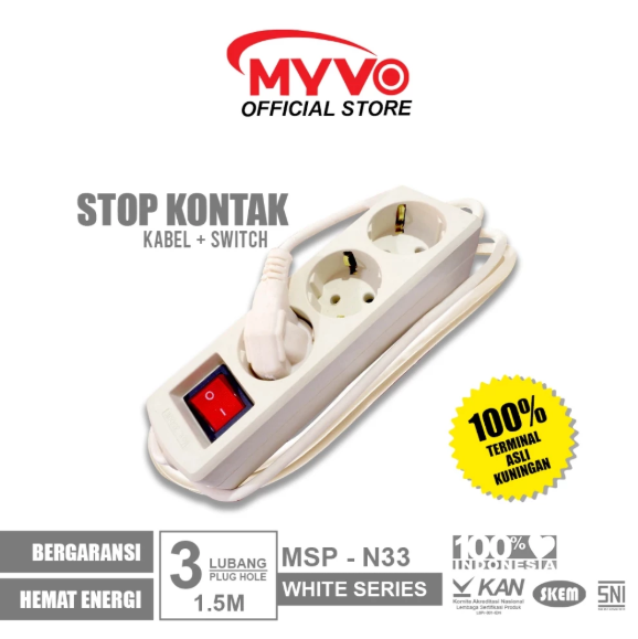 MYVO Stop Kontak 3 Lubang 1.5 Meter MSP-N33 Putih Kuningan