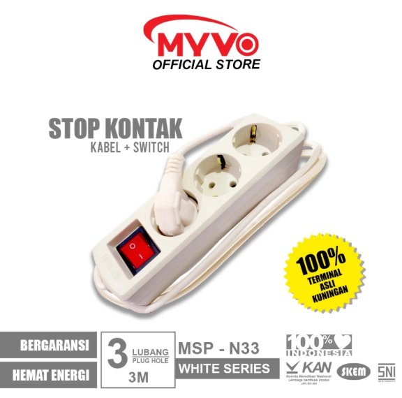 MYVO Stop Kontak 3 Lubang 3 Meter MSP-N33 Putih Kuningan