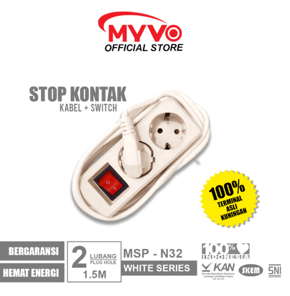MYVO Stop Kontak 2 Lubang 1.5 Meter MSP-N32 Putih Kuningan