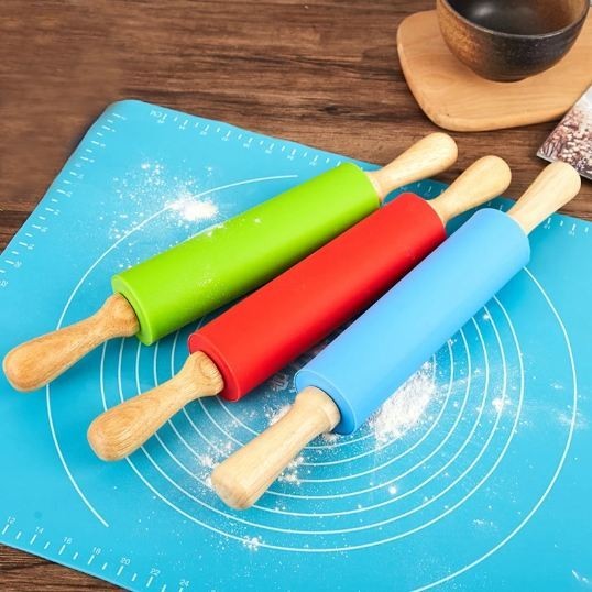 Rolling Pin Pengiling Adonan Silikon 45 Cm Gagang Kayu - Penggiling Adonan 45 Cm