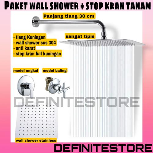 Paket Wall Shower Bulat Stainless Stop Kran Tanam Kuningan Anti Karat Kotak Set