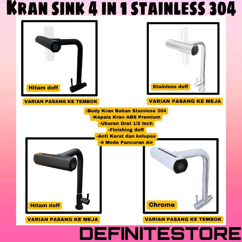 Kran Cuci Piring Kran Dapur Kran Sink 4 Way Air Terjun Kran Angsa Keran Cuci Piring Keran Dapur Stainless SUS 304 Anti Karat Drat Tembok Dan Tanam