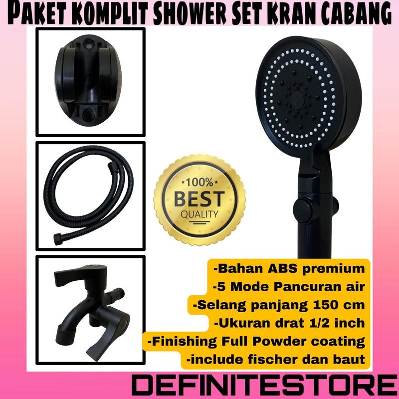 Hand Shower Shower Kamar Mandi Set Shower Set Shower Mandi Bulat Hitam Rain Shower ABS Premium 5 Mode Pancuran Air 1/2 inch side