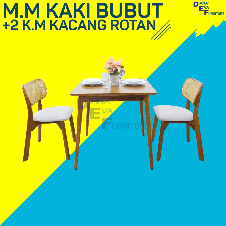 Meja Makan Kaki Bubut +2 Kursi Makan Kacang Rotan Square