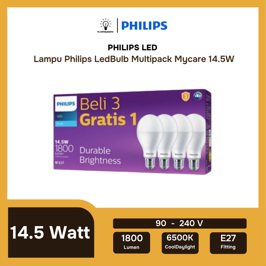 Lampu LED Bulb Bohlam Pack Isi 4 Philips Mycare 14.5W E27 A67 6500K Putih