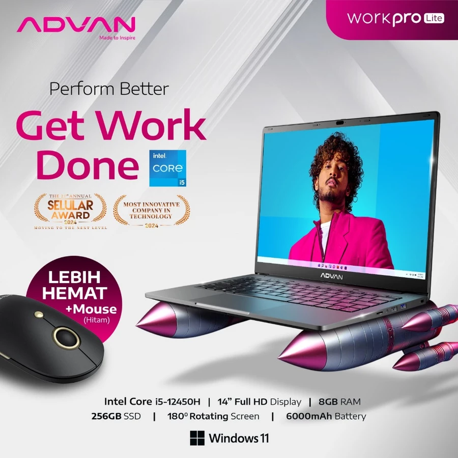 (Free Mouse Wireless) ADVAN Laptop Workpro Lite Intel Core i5-12450H 14”IPS FHD 8GB 256GB Windows 11