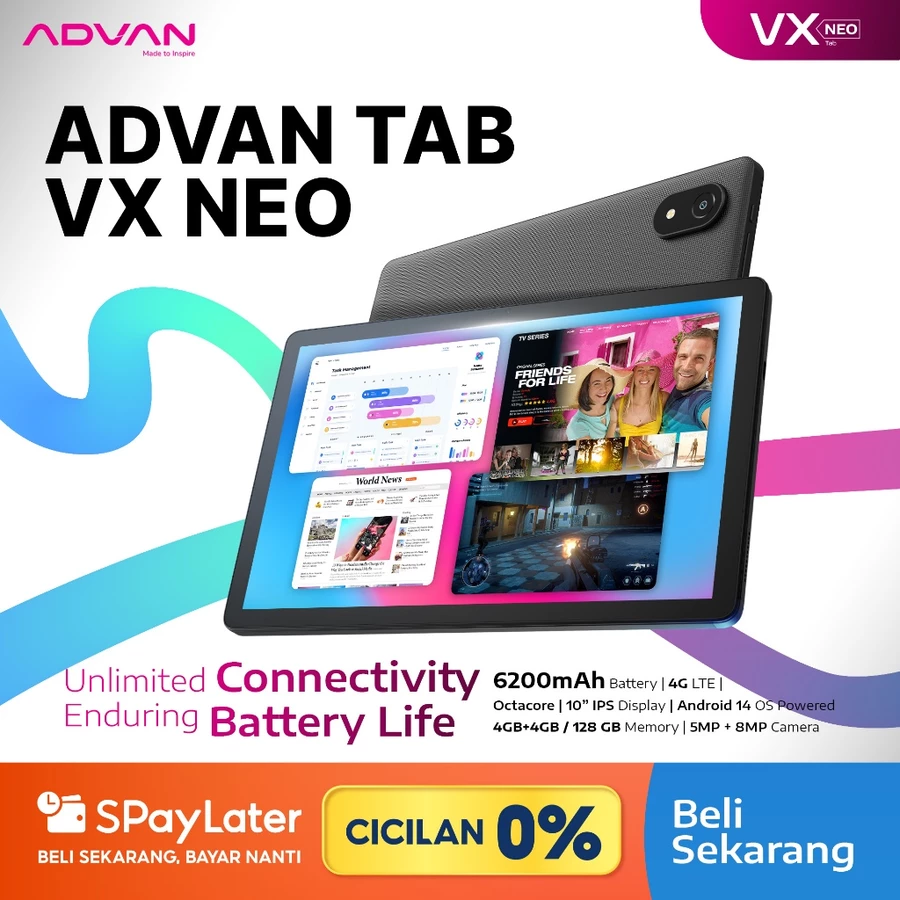 ADVAN Tab VX Neo 4G LTE (4GB+4GB/128GB) 10.1" IPS Screen Tablet Android 14 6200 mAh Dual Sim Card Garansi 1 Tahun