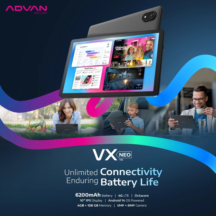 ADVAN Tab VX Neo 4G LTE (4GB/128GB) 10.1" IPS Screen Tablet Android 14 6200 mAh Dual Sim Card