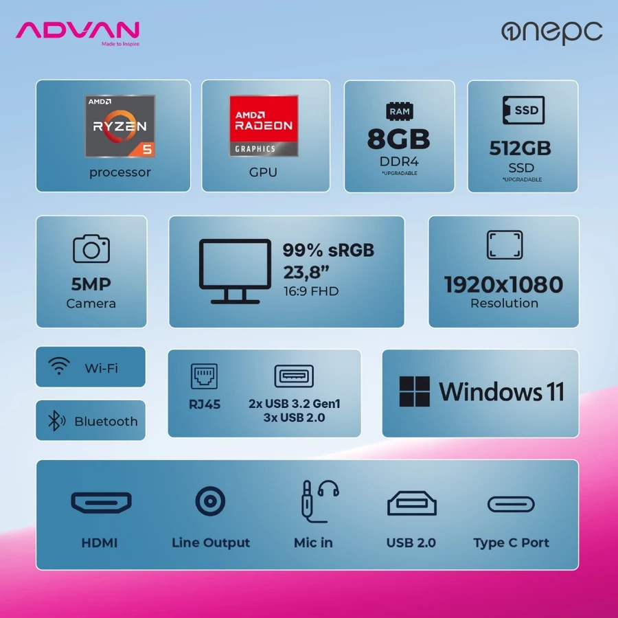 ADVAN All In One PC AIO AMD Ryzen 5 3500U 8GB/512GB 23.8 Inch 65W Power Saving 99% sRGB Free Windows 11 Original