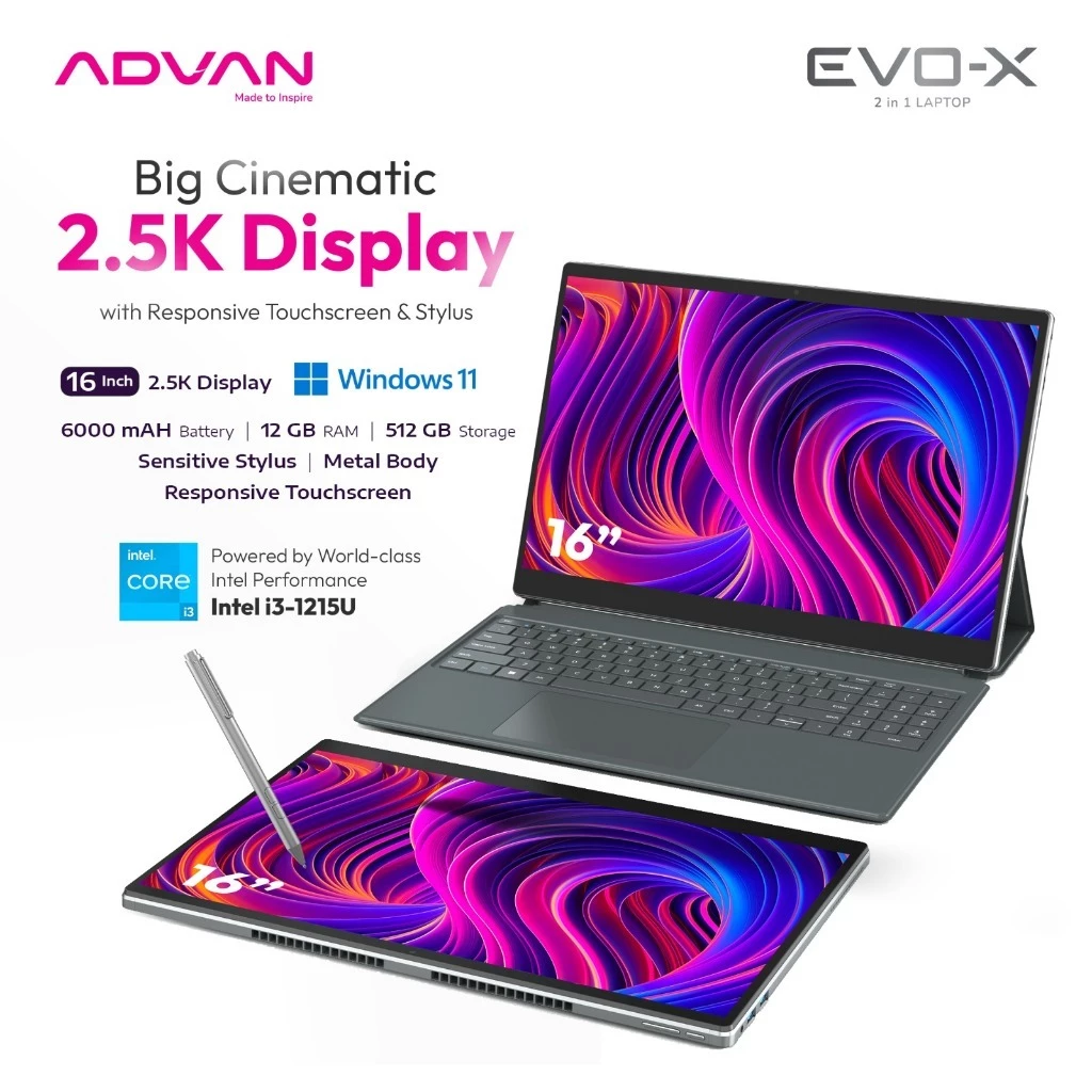 [FREE STYLUS PEN] ADVAN Laptop 2 in 1 EVO-X 16” / 13" Touch Screen Detachable 2.5K Display Intel i3-1215U / Intel N100 12GB/512GB
