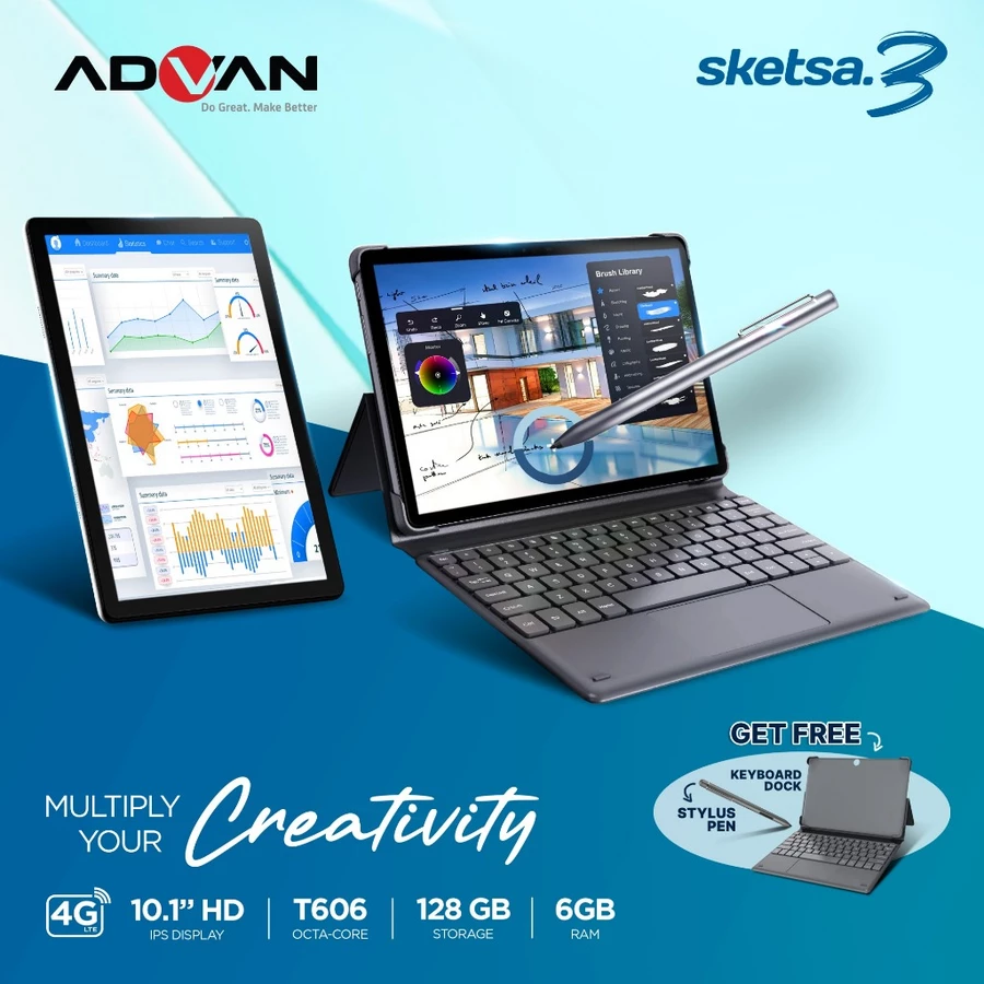 Advan Tab Sketsa 3 Layar 10.1” HD IPS 128GB+RAM 6GB Tiger T606 Android 13 Dual Sim Card Free Keyboard & Stylus Pen