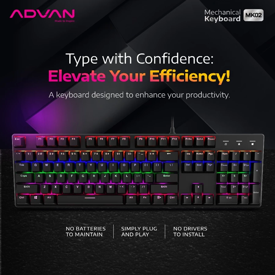 ADVAN Mechanical Keyboard MK02 gaming Keyboard 100% Layout 104 Keys TKL RGB Light - Garansi 1 Tahun