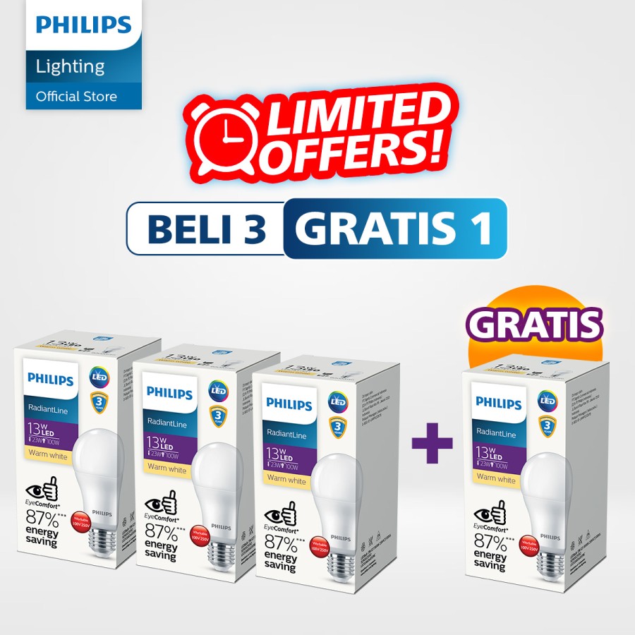 Beli 3 Gratis 1 Lampu Philips RadiantLine 13W Kuning