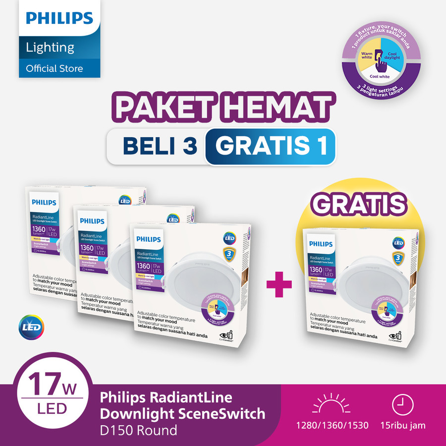 Beli 3 Dapat 4 Lampu Philips RadiantLine Downlight SceneSwitch 17W D150 3 Warna