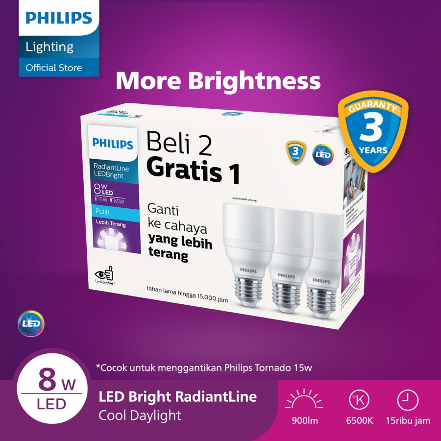 Lampu Philips Bohlam Multipack RadiantLine LEDBright 8W Putih