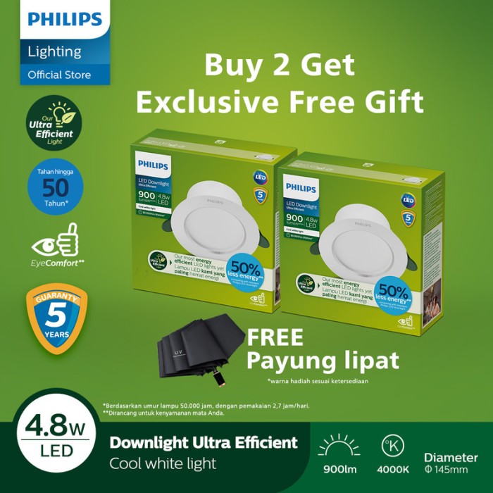 Beli 2 Philips Downlight Ultra Efficient 4.8W 40K Semi Putih Free Hadiah
