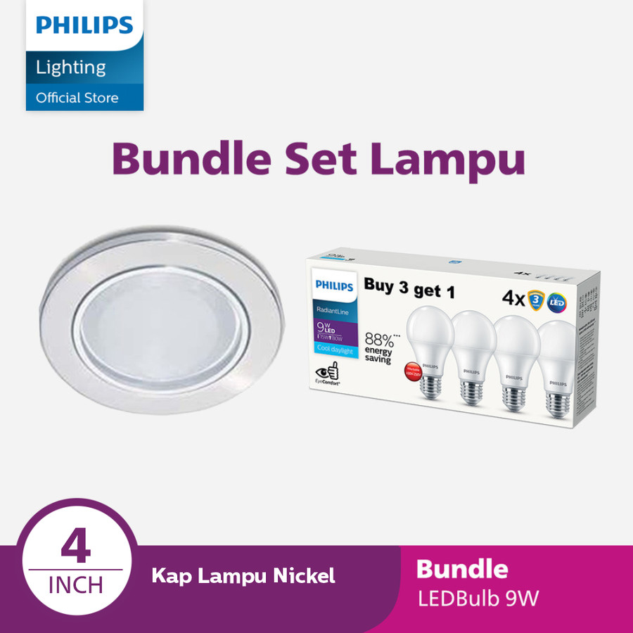 Bundle Set Philips Bohlam Lampu downlight Nickel Glass 9W Multipack